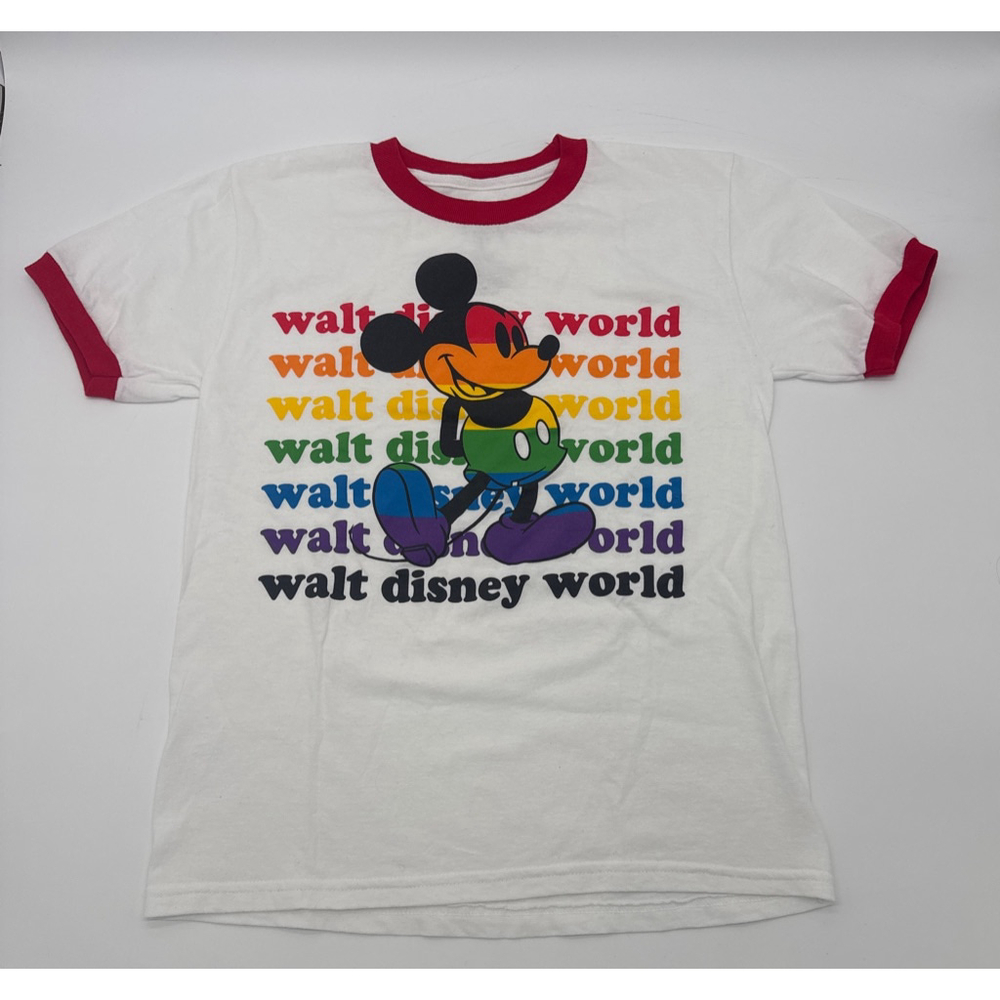 DISNEY White Red Mickey Mouse Rainbow Walt Disney World Tee S
